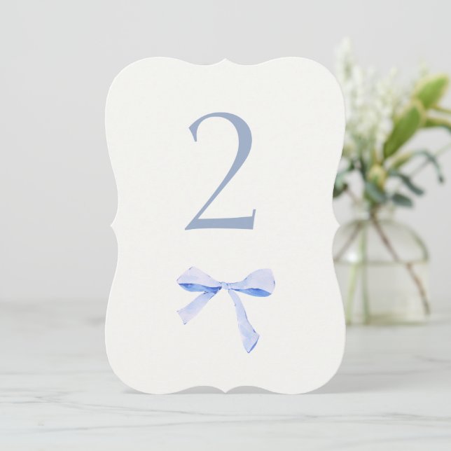 Chic & Trendy Blue Ribbon Wedding Table Number (Standing Front)