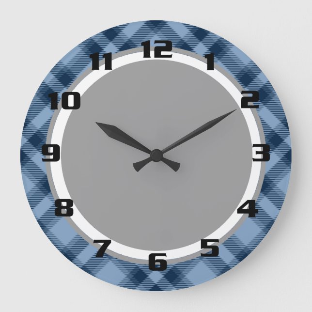 Chic & Trendy Blue Tartan Plaid Patten Large Clock (Front)