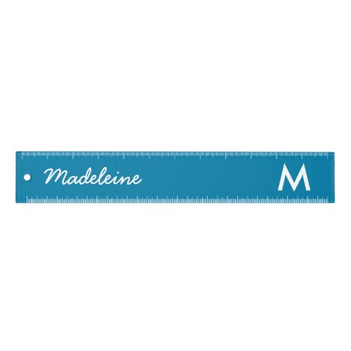 Chic Trendy Blue White Monogram Script Name Ruler