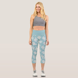 Chic trendy bold dusty blue dahlia capri leggings