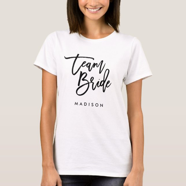 Chic Trendy Brush Black Script Team Bride T-Shirt (Front)