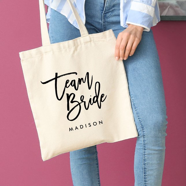 Chic Trendy Brush Black Script Team Bride Tote Bag (Creator Uploaded)