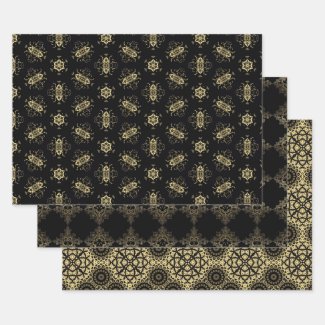Chic Trendy Faux Gold and Black Patterns Wrapping Paper Sheets
