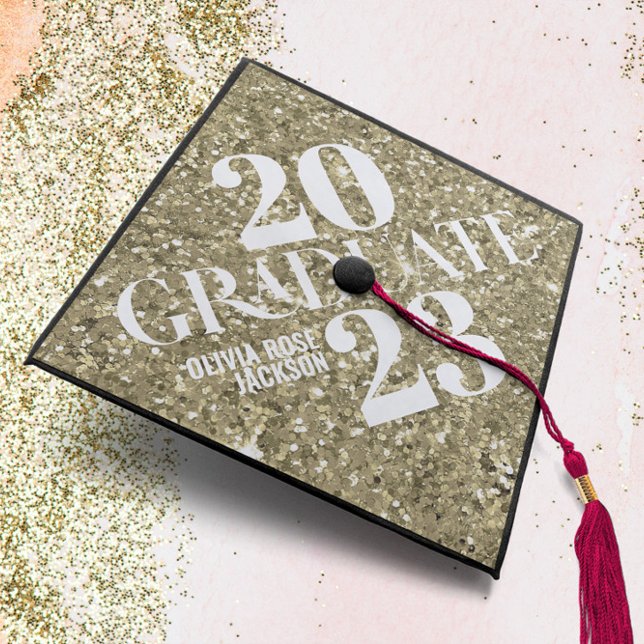 Chic Trendy Gold Glitter Personalized Graduation Cap Topper (Creator Uploaded)