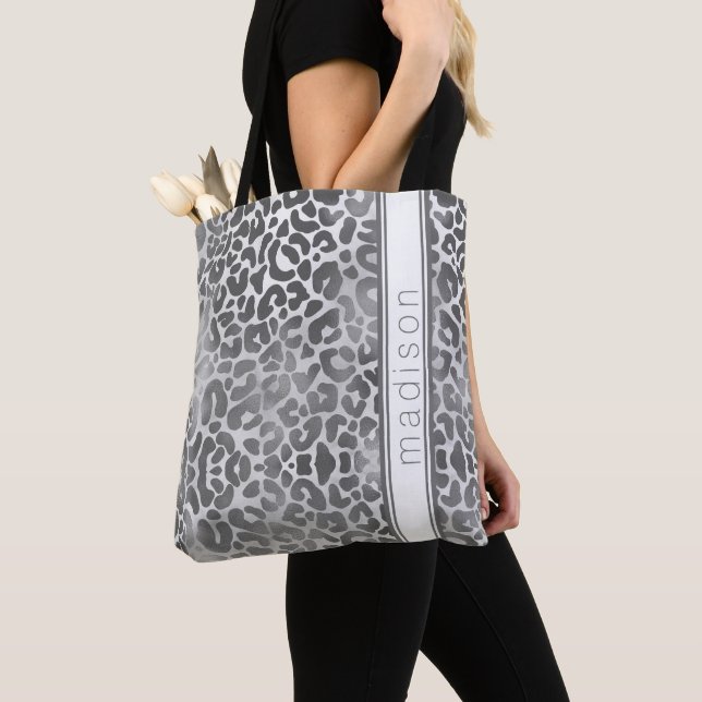 Chic Trendy Gray  Cheetah Animal Print Monogram Tote Bag (Close Up)