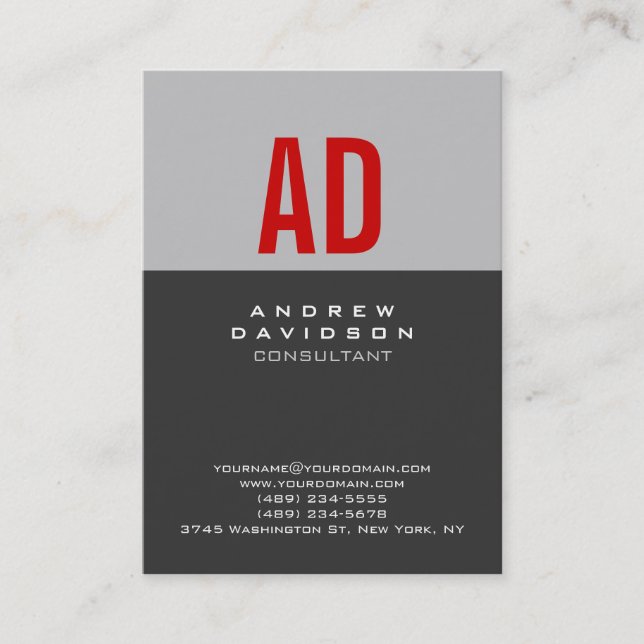 Chic Trendy Gray Stripe Red Monogram Business Card (Front)
