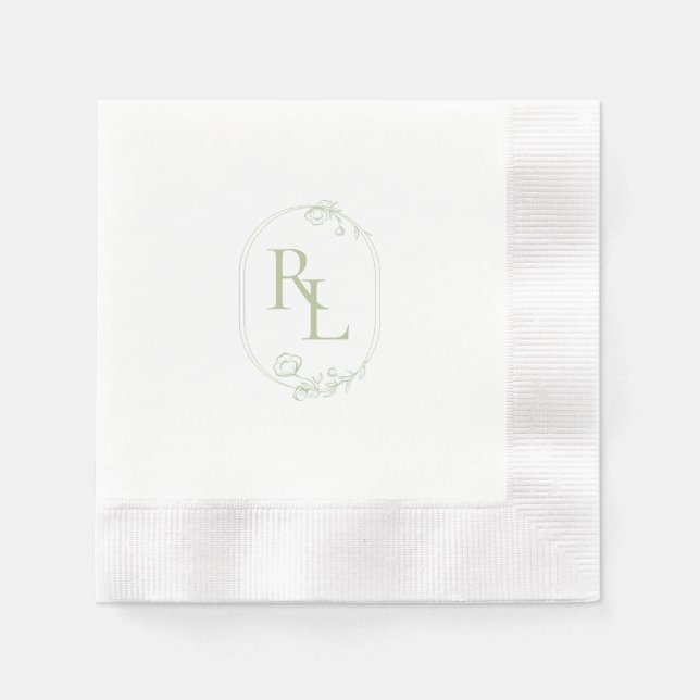 Chic & Trendy Green Floral Monogram Wedding  Napkins (Front)