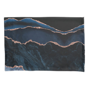 Chic Trendy Navy Blue Agate Rose Gold Glitter Pillow Case