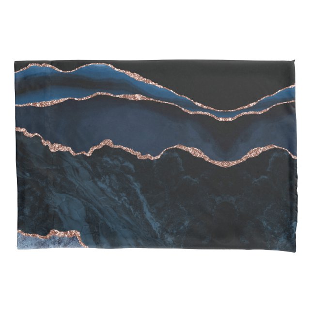 Chic Trendy Navy Blue Agate Rose Gold Glitter Pillow Case (Front)