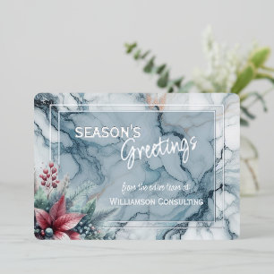 Chic Trendy Red Floral Berries On Teal Blue Marble Foil Holiday Card