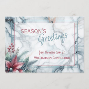 Chic Trendy Red Floral Berries On Teal Blue Marble Holiday Card