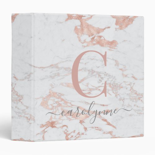 Chic Trendy Rose Gold Foil  Marble Monogram 3 Ring Binder