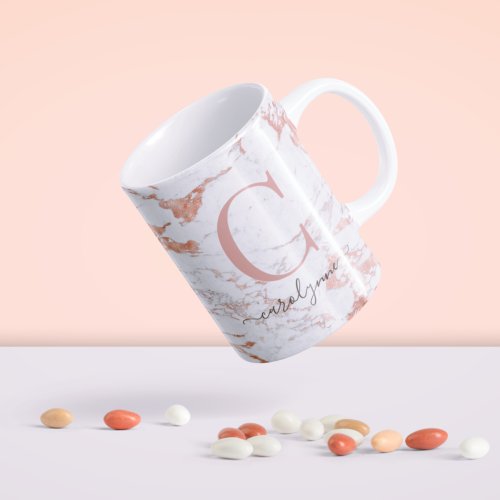 Chic Trendy Rose Gold Foil Marble Monogram Coffee Mug