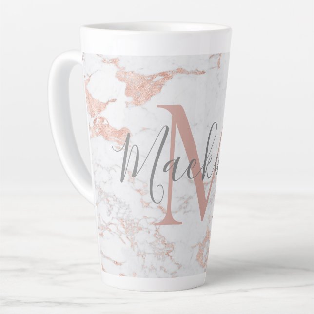 Chic Trendy Rose Gold Foil Marble Monogram Latte Mug (Left Angle)