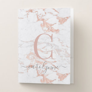 Chic Trendy Rose Gold Foil Marble Monogram Pocket Folder