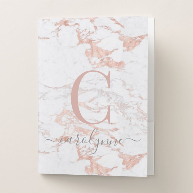 Chic Trendy Rose Gold Foil Marble Monogram Pocket Folder (Front)