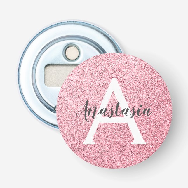 Chic & Trendy Rose Gold Glitter Sparkles Monogram Bottle Opener (Front)