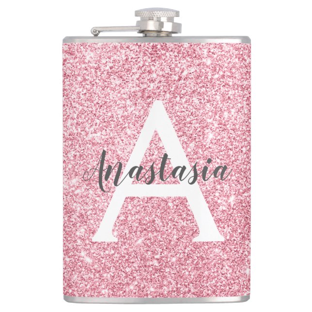 Chic & Trendy Rose Gold Glitter Sparkles Monogram Flask (Front)