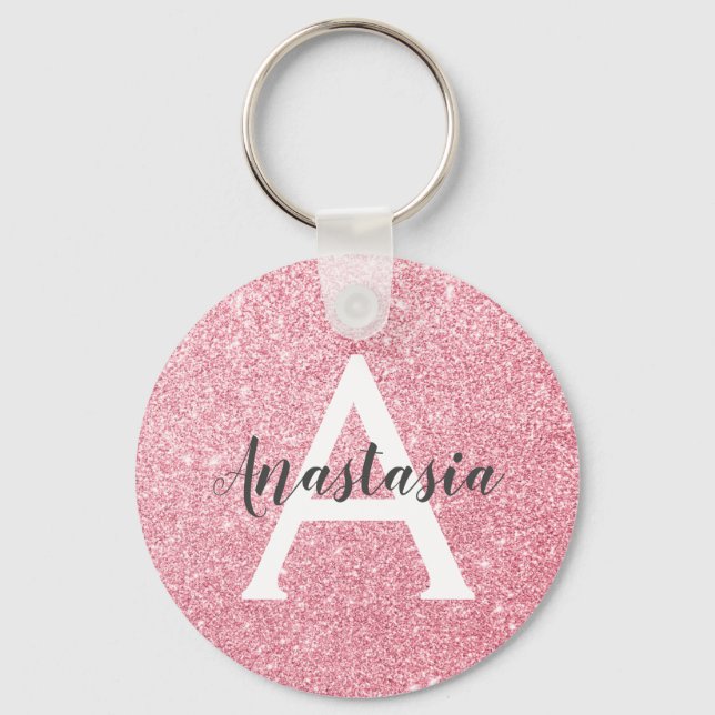 Chic & Trendy Rose Gold Glitter Sparkles Monogram Keychain (Front)