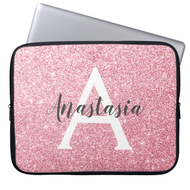 Chic & Trendy Rose Gold Glitter Sparkles Monogram Laptop Sleeve (Front)