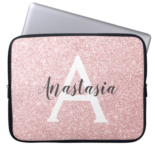Chic  Trendy Rose Gold Glitter Sparkles Monogram Laptop Sleeve