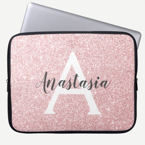 Chic & Trendy Rose Gold Glitter Sparkles Monogram Laptop Sleeve