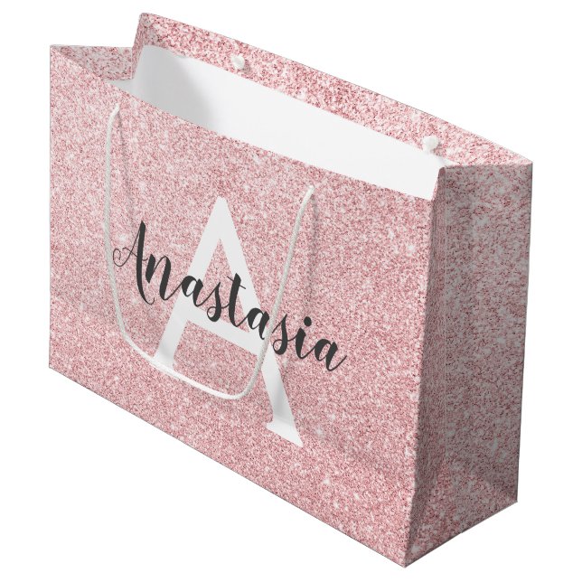 Chic & Trendy Rose Gold Glitter Sparkles Monogram Large Gift Bag (Front Angled)