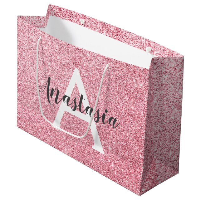 Chic & Trendy Rose Gold Glitter Sparkles Monogram Large Gift Bag (Front Angled)