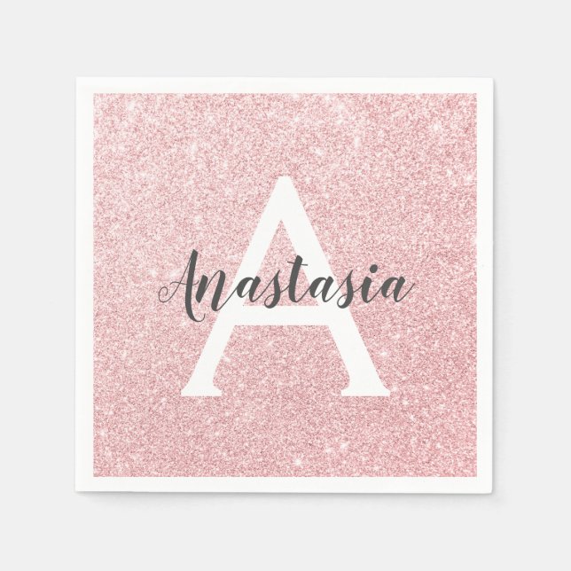 Chic & Trendy Rose Gold Glitter Sparkles Monogram Napkins (Front)
