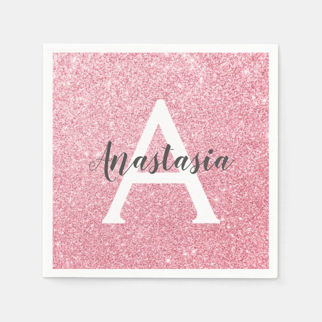 Chic & Trendy Rose Gold Glitter Sparkles Monogram Napkins (Front)