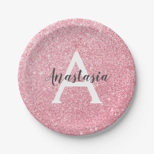 Chic  Trendy Rose Gold Glitter Sparkles Monogram Paper Plates