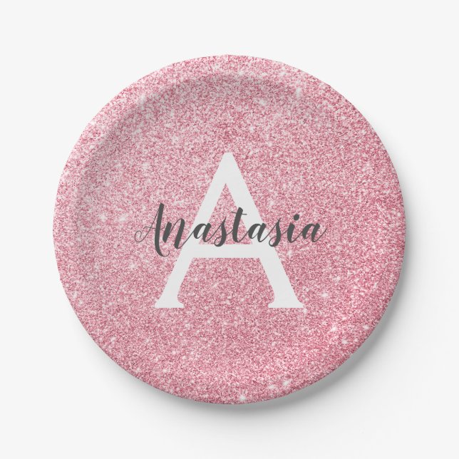 Chic & Trendy Rose Gold Glitter Sparkles Monogram Paper Plates (Front)