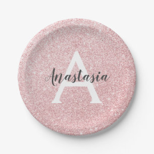 Chic & Trendy Rose Gold Glitter Sparkles Monogram Paper Plates
