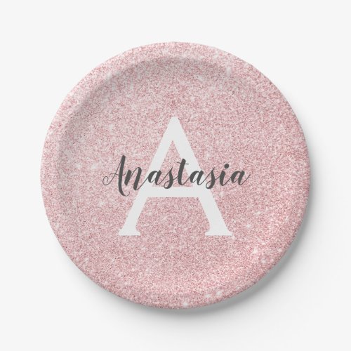 Chic  Trendy Rose Gold Glitter Sparkles Monogram Paper Plates