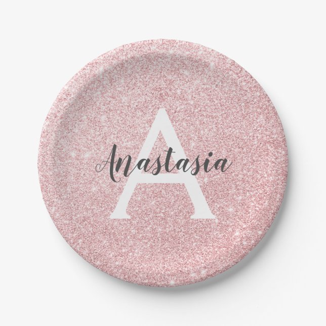 Chic & Trendy Rose Gold Glitter Sparkles Monogram Paper Plates (Front)