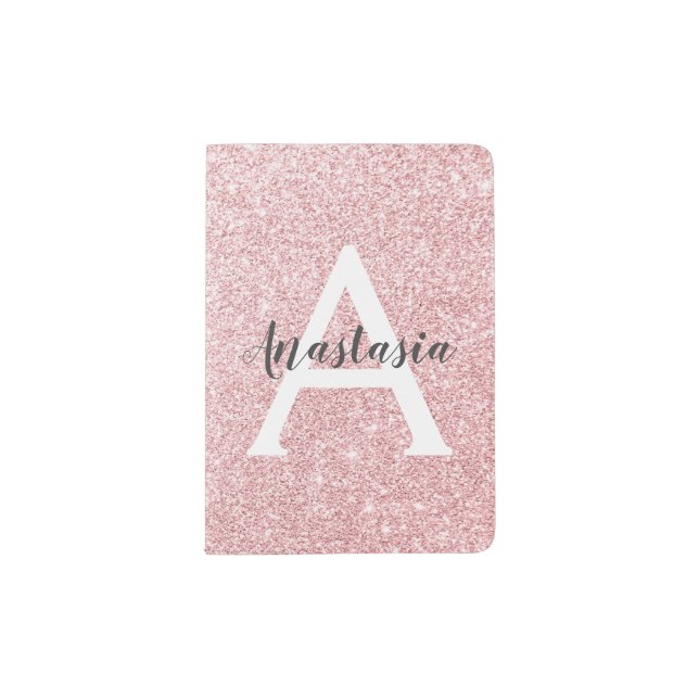 Chic & Trendy Rose Gold Glitter Sparkles Monogram Passport Holder (Front)