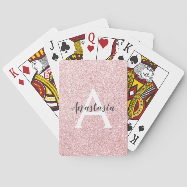 Chic & Trendy Rose Gold Glitter Sparkles Monogram Poker Cards (Back)