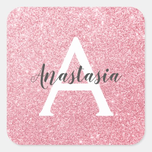 Chic  Trendy Rose Gold Glitter Sparkles Monogram Square Sticker