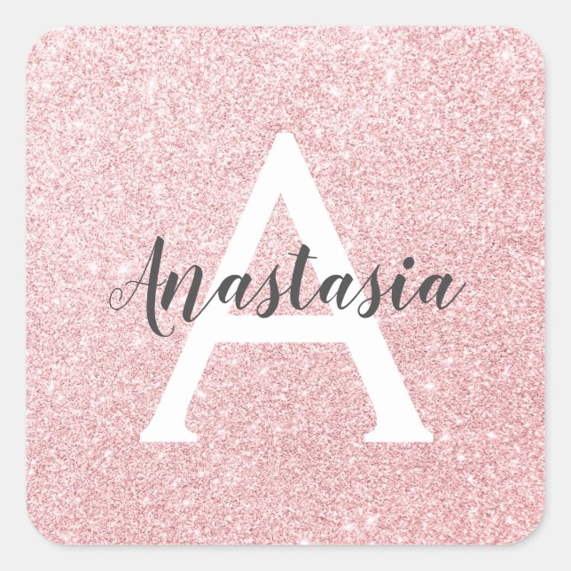 Chic & Trendy Rose Gold Glitter Sparkles Monogram Square Sticker (Front)