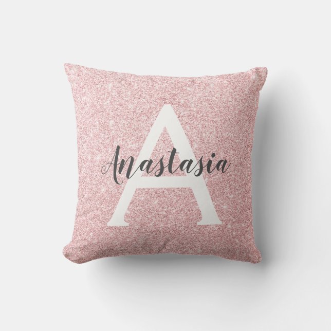 Chic & Trendy Rose Gold Glitter Sparkles Monogram Throw Pillow (Front)