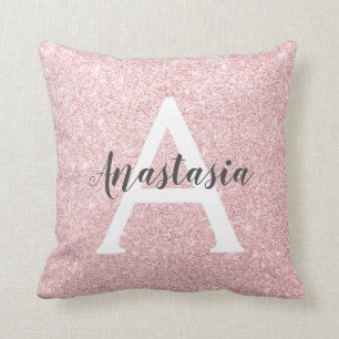 Chic & Trendy Rose Gold Glitter Sparkles Monogram Throw Pillow