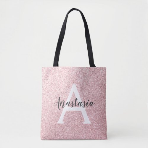 Chic  Trendy Rose Gold Glitter Sparkles Monogram Tote Bag