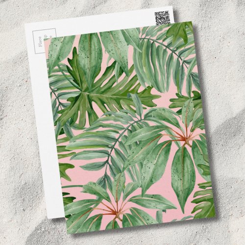 Chic Trendy Tropical Floral Pink Palm Leaf Pattern Postcard