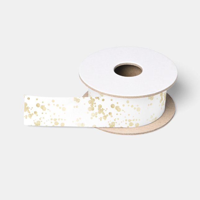 Chic trendy white faux gold elegant confetti dots satin ribbon (Spool)
