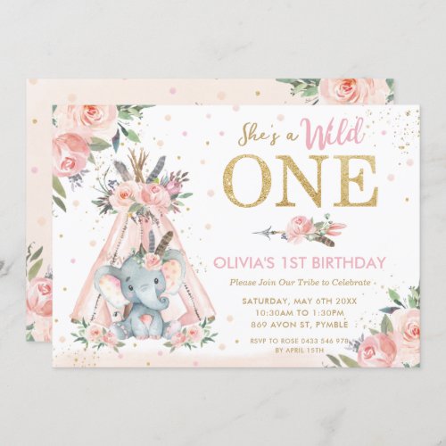 Chic Tribal Floral Elephant Wild One 1st Birthday Invitation