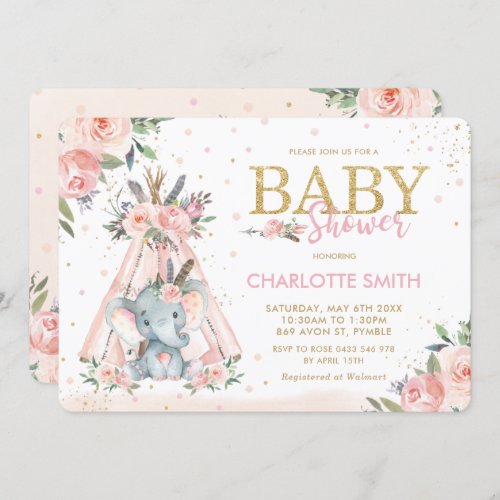 Chic Tribal Pink Floral Elephant Girl Baby Shower Invitation