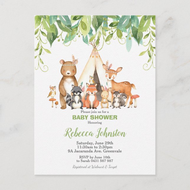 Chic Tribal Woodland Animals Greenery Baby Shower Postcard (Front)