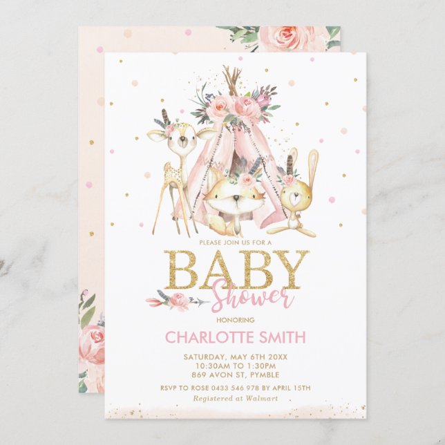 Chic Tribal Woodland Animals Pink Girl Baby Shower Invitation (Front/Back)