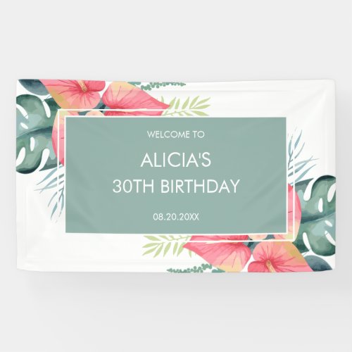 Chic Tropical Anthurium  Monstera Birthday Banner