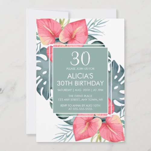 Chic Tropical Anthurium  Monstera Birthday Invitation